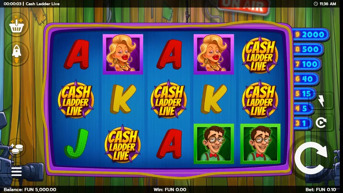Interface do jogo Cash Ladder Live com luzes de estúdio e a escada de prêmios em destaque